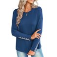 thumbnail image 1 of VISgogo - Camiseta holgada informal para mujer, color sólido, cuello redondo, manga larga, puños recortados con botones VISgogo moda, 1 of 9