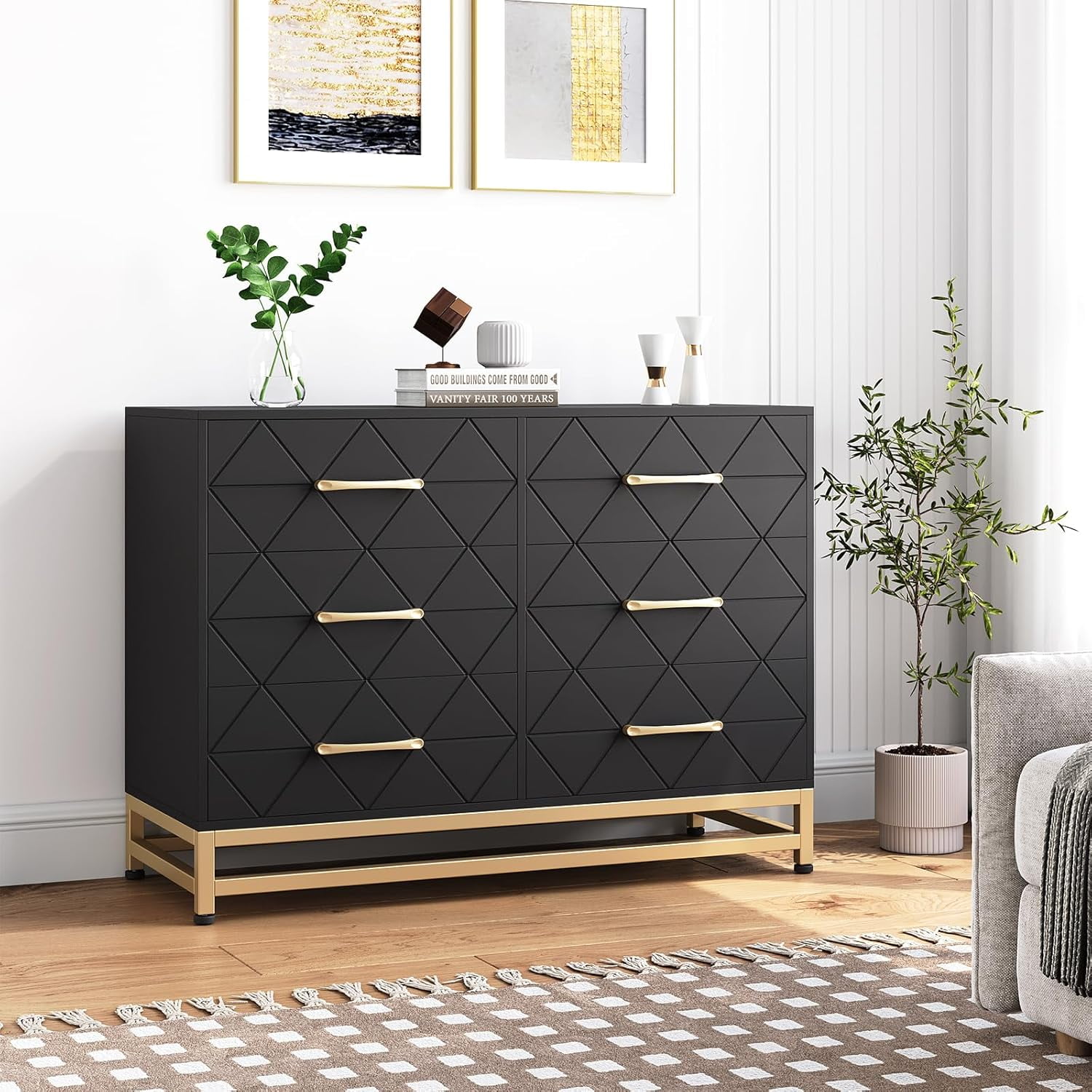 Twister.CK 6 Drawers Double Dresser for Bedroom, Chest of Drawers for Living Room Hallway Entryway, Black