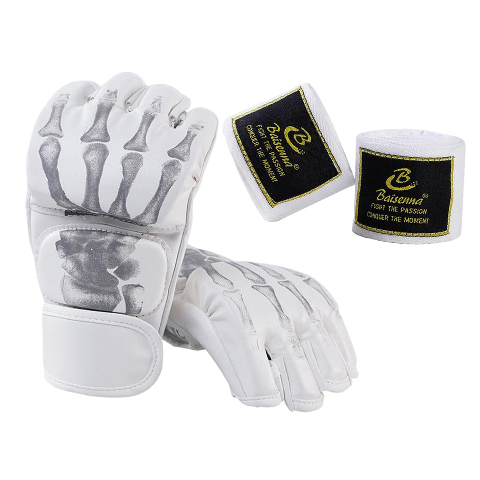 harayaa Boxing Gloves Protective Gear Open Palm MMA Half Mitts Lightweight Breathable PU White Skeleton