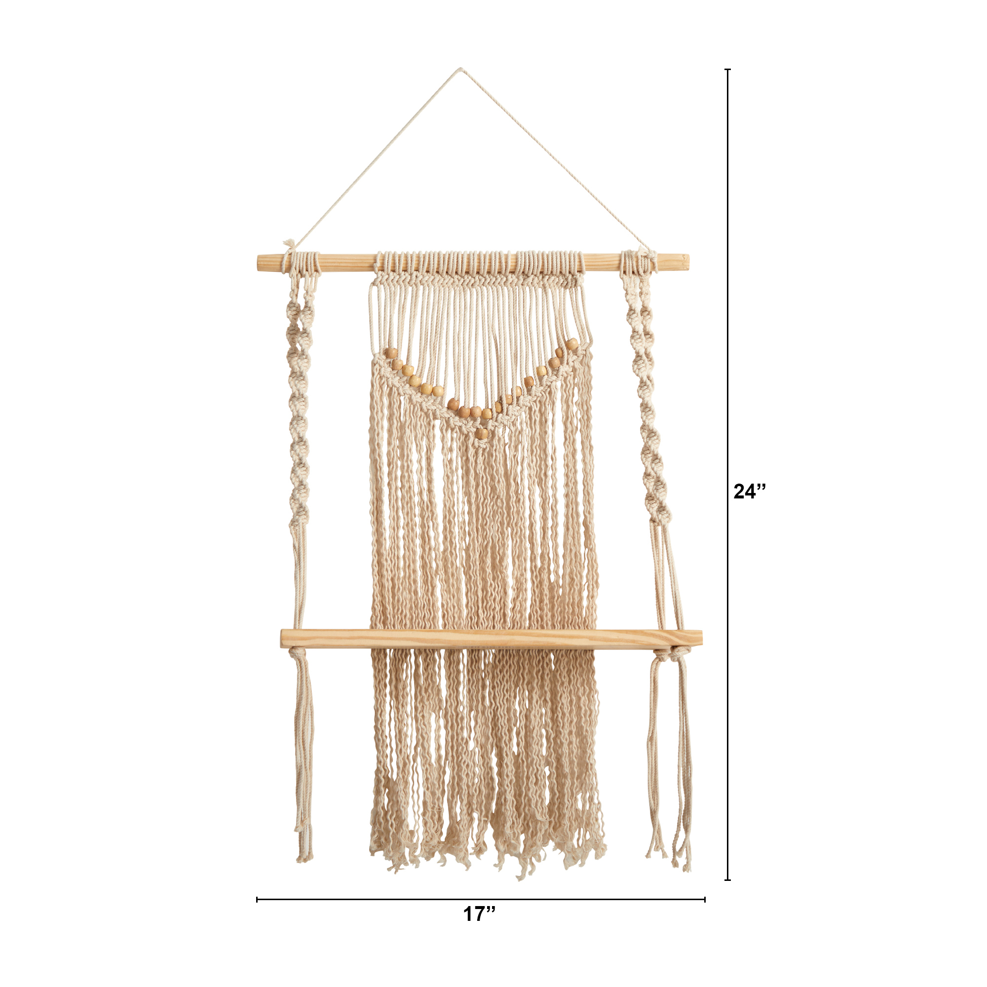 Nearly Natural 24" Boho Chic Wood Macrame Single Shelf Woven Beads Wall Art Décor