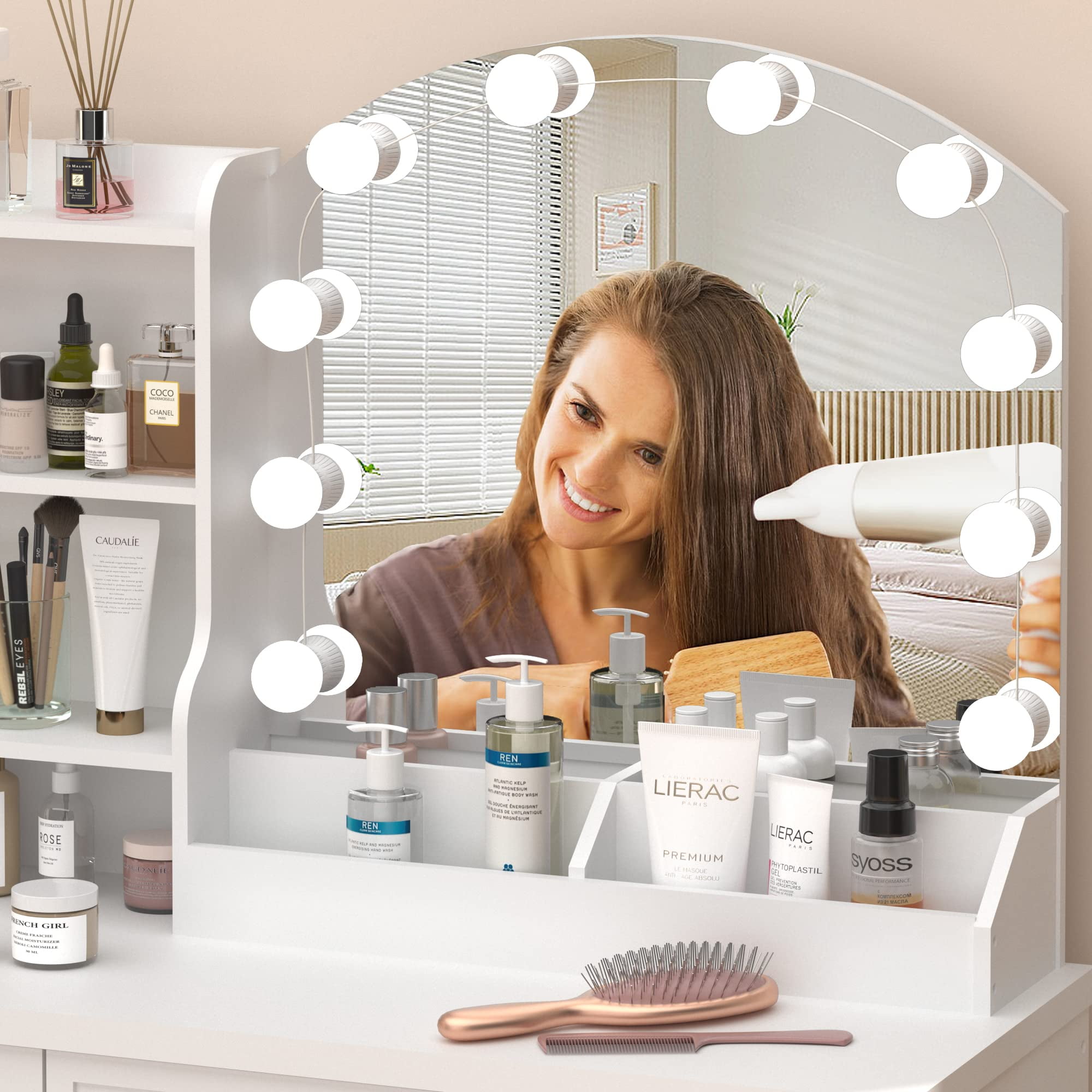Veanerwood Makeup Vanity Set with Lights and 4 Drawers, Modern Vanity Table 3 Lighting Colors, 39.4in, White