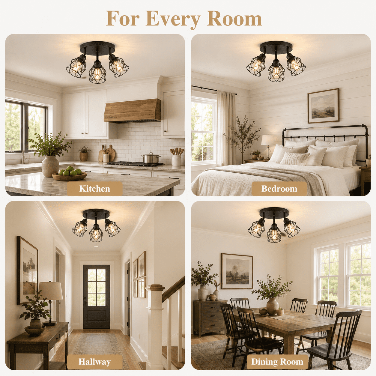 DONGPAI Semi Flush Mount Ceiling Light with E26 Base, Adjustable Multi-Directional Kitchen Ceiling Light Fixture, Farmhouse Black Metal Cage Ceiling Lamp for Dining Room Bedroom Hallway(No Bulbs)