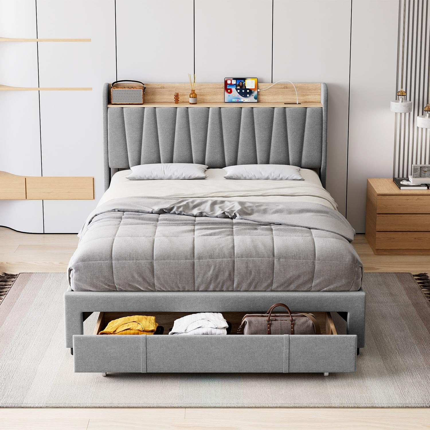 Full/Queen/King Size Bed Frame with Drawer, Upholstered Platform Bed Frame with Storage Headboard and Charging Station, Mattress Foundation with Solid Wooden Slats Support, No Box Spring Needed