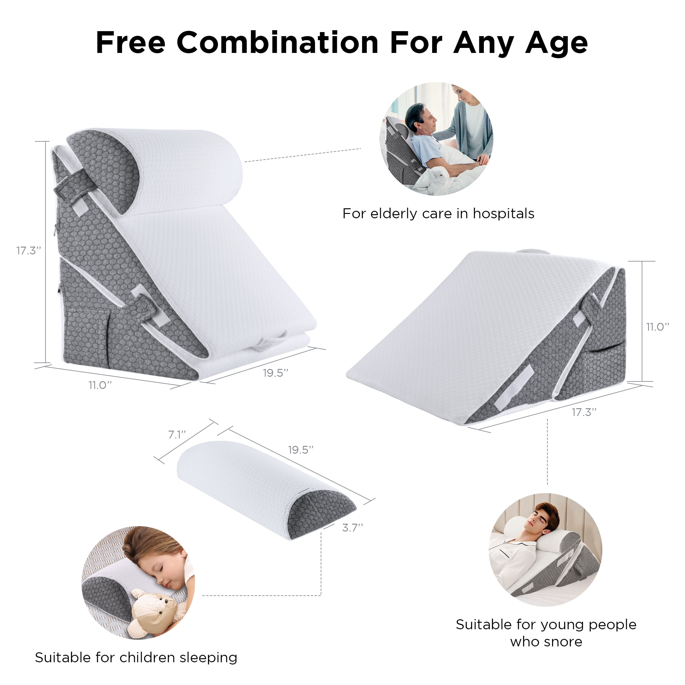 Grnoedn Wedge Pillow for Sleeping,Orthopedic Adjustable Memory Foam Bed Wedge Pillows Set for Acid Reflux,Leg Back Pain Relief & Reading Rest,Headboard with Neck Support & Gray Removable Pillowcase