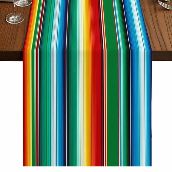 Mexican Stripes Burlap Cotton Table Runner 13x90 Inches Long, Colorful Striped Mexican Fiesta Theme Farmhouse Table Runners, Outdoor Dining Tablecloths Decor for Baby Shower/Party/Wedding