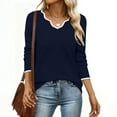 thumbnail image 2 of Trendy Sweaters for Women Scalloped V Neck Soft Pullover Tops Long Sleeve Colorblock Casual Loose Cozy Knitwear (XL, Navy), 2 of 7