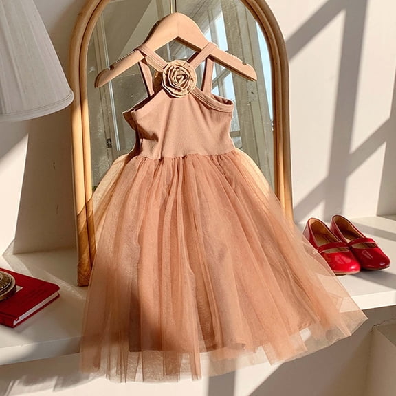 Huowey Toddler Baby Girls Tutu Dress Solid Color Sleeveless Spaghetti Strap Suspenders Dress Flowers Patchwork Tiered Princess Party Dance Birthday Clothes Summer Dresses,Coffee,12-18 Months