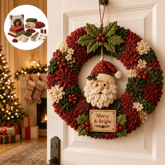 Christmas Punch Needle Fabric Wreath DIY Kit, 3D Santa Claus Hanging Craft with Textured Cloth Pieces for Door and Wall Holiday Decor 12.60 in