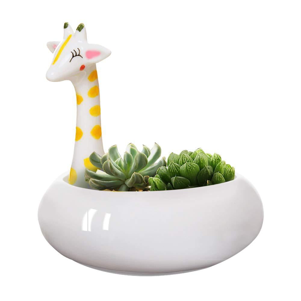 GeLive Giraffe Pot Succulent Planter Tabletop Decorative Plant Pot White Ceramic Kitty Ornament Animal Flower Pot Decor Vase Giraffe Planter 