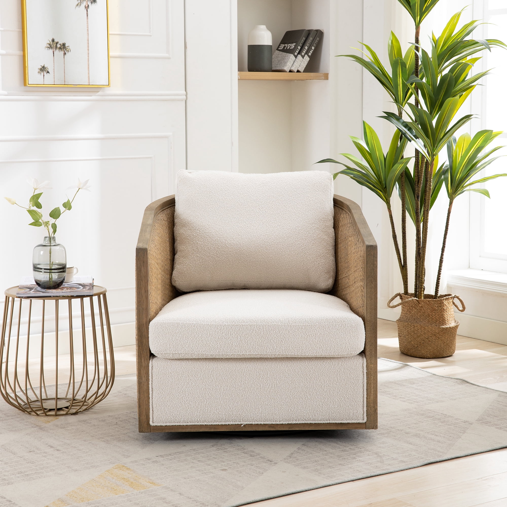 MAYEERTY Swivel Barrel Chair, Comfy Round Accent Sofa Chair for Living Room, 360 Degree Swivel Leisure Arm Chair for Nursery (Beige Boucle)