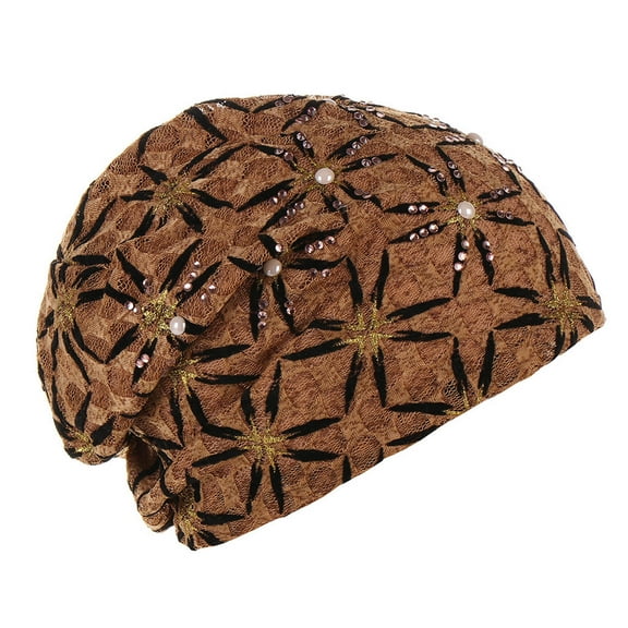 IROINNID Women's Rhinestone Pearl India Muslim Ruffle Head Scarf Head-wear Wraps Turbans Beanie Cap Head-wraps,Khaki