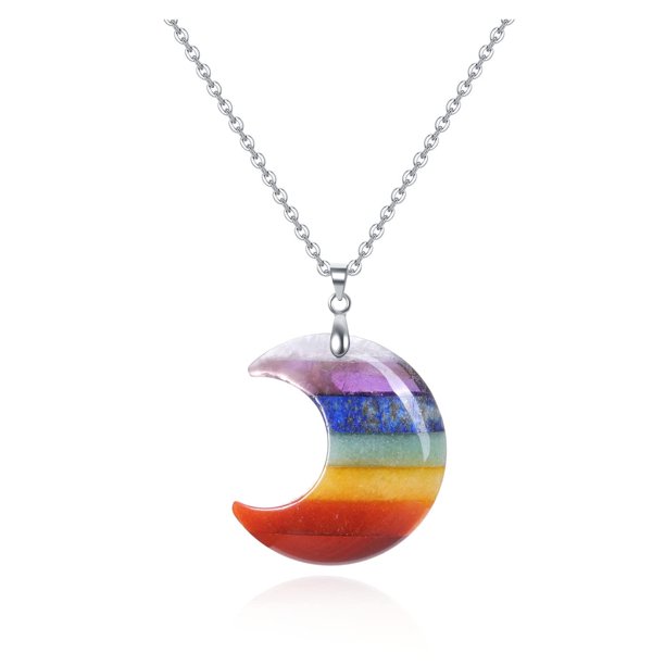 Collar con colgante de piedra curativa de cristal de 7 Chakras, protección de la luna creciente del arco iris, amuleto de Chakra Reiki de piedras preciosas de cristal oso de fresa Electrónica