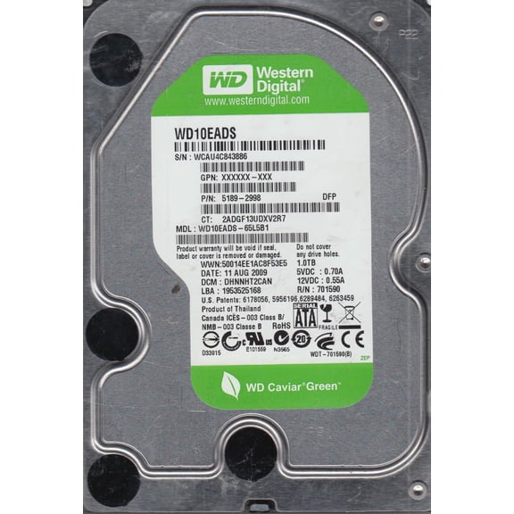 WD10EADS-65L5B1, DCM DHNNHT2CAN, Western Digital 1TB SATA 3.5 Hard Drive