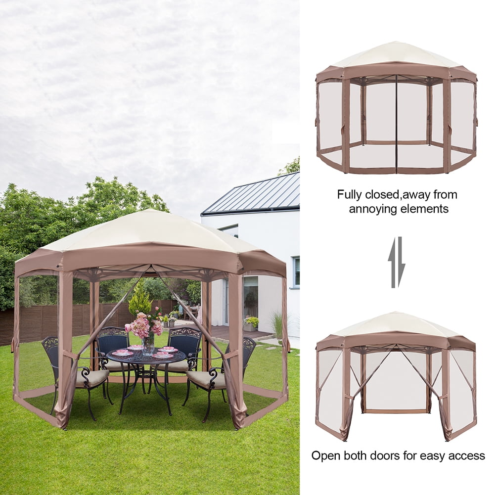 Kadyn 10x12 Ft Outdoor Canopy Tent, Hexagonal Arc Top Folding Shed for Terraces, Wedding Party Tent with Black Bag, 6 Veils and Net Cloth, Khaki and Brown Kadyn 10x12 Ft Outdoor Canopy Tent, Hexagonal Arc Top Folding Shed for Terraces, Wedding Party Tent with Black Bag, 6 Veils and Net Cloth, Khaki and Brown