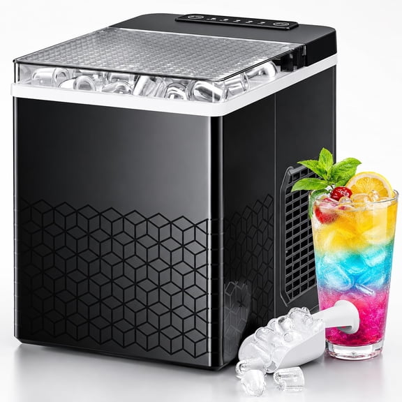 FREE VILLAGE Ice Maker Countertop,8 Bullet Ice in 6mins,27lbs/24H Compact Portable Ice Machine,2 Ice Sizes,DIY Design,Self-Cleaning,1L Water Tank,1 lbs Ice Basket for Office Home RV - Black