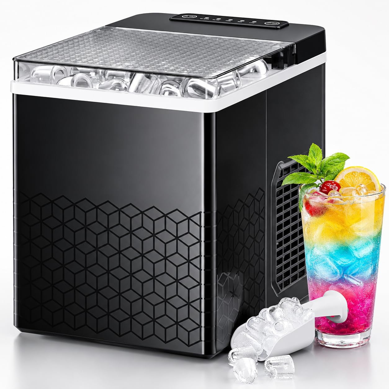 FREE VILLAGE Ice Maker Countertop,8 Bullet Ice in 6mins,27lbs/24H Compact Portable Ice Machine,2 Ice Sizes,DIY Design,Self-Cleaning,1L Water Tank,1 lbs Ice Basket for Office Home RV - Black