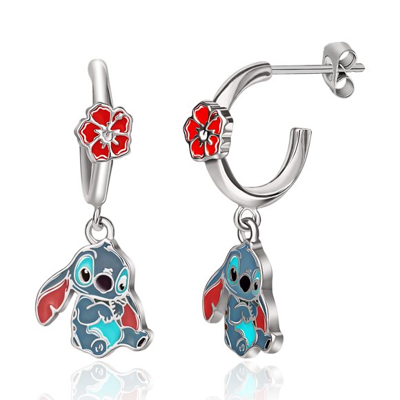 Pendientes tipo argolla Disney Lilo & Stitch esmaltados con flor de hibisco