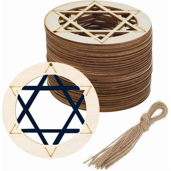 60Pcs Unfinished Wood Star Messianic Star Ornament Wood Large Hanukkah Hollowed 30Pcs Paint Cutout 30Pcs Twines Wooden Hanging Cutout for Blanks Charms Art DIY Craft Project Decor Supplies Colorful