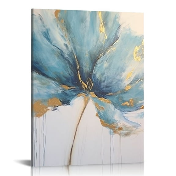 WENZZ Large Flower Canvas Wall Art for Living Room Framed Blue Abstract Artwork with Gold Oil for Bedroom Wall Decoe for Kitchen Home Decoration 12x16 in