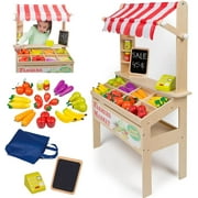 Wooden Farmers Market Stand - Kid's Playroom Furniture, Grocery Stand for Pretend Play (30+ Pieces) - Includes Fruit, Veggies, Chalkboard, and Cash Register, Fun Indoor Activity Set, Natural Wood