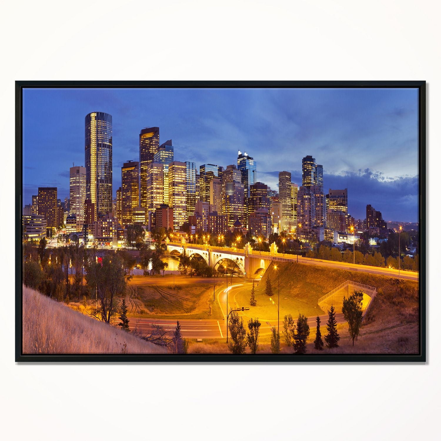 Design Art Skyline of Calgary at Night Panorama Framed Canvas Art Print