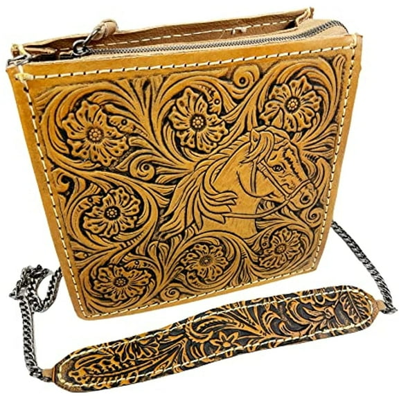 Urbalabs Western Purse Genuine Leather Hand Tooled Floral Horse Ladies Bag Leather Chain Strap Purse Hand Stitched (Light Brown)