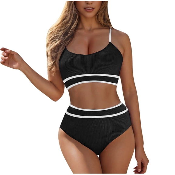 Efsteb Women's Ribbed Bikini Sets Color Block Swimsuit High Waisted Bathing Suit Push Up Bikinis Tops Bottoms Two Piece Bathing Suit (Black,L)