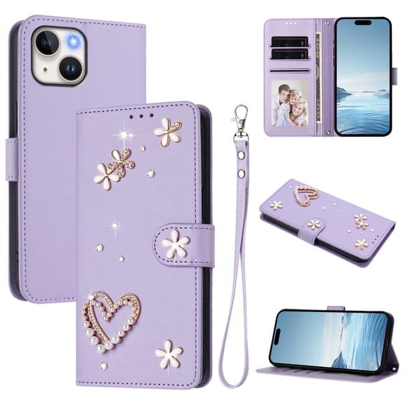 Wallet Case For iPhone 15 Plus, Elegant 3D Floral Pearl Heart Bling Rhinestone PU Leather Flip Cover with Card Holder Wrist Strap Kickstand & Magnetic Closure for Women Girls, Purple