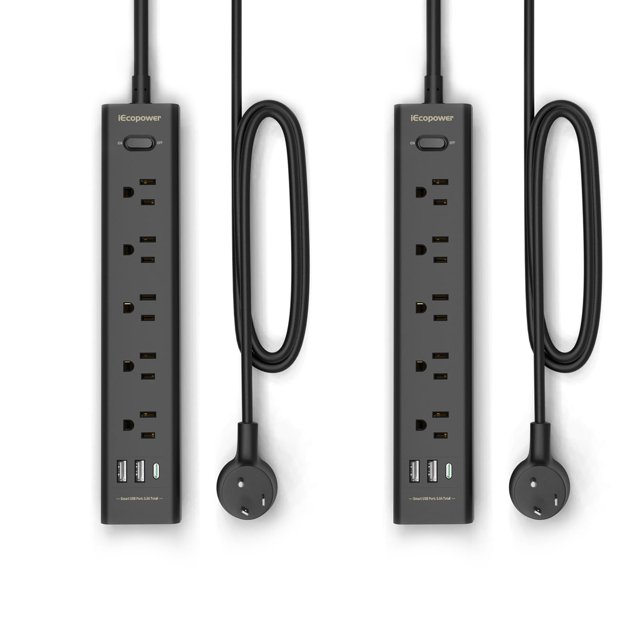 Regleta de alimentación con protector contra sobretensiones IECOPOWER de 10 pies con 5 salidas, 3 USB