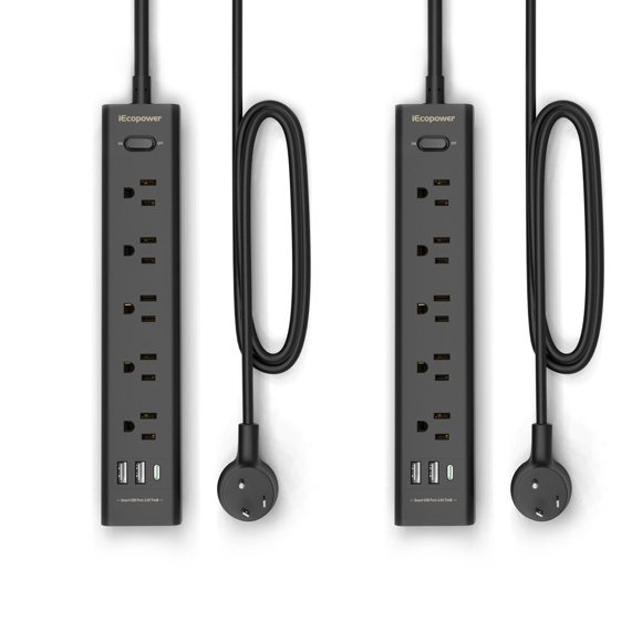 Regleta de alimentación con protector contra sobretensiones IECOPOWER de 10 pies con 5 salidas, 3 USB