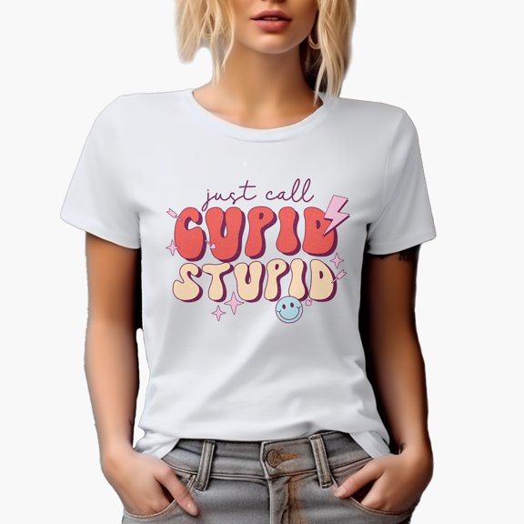 Just Call Cupid, Stupid, 90s Retro Groovy Valentine's Day Art Merch Gift, White T-Shirt, Small