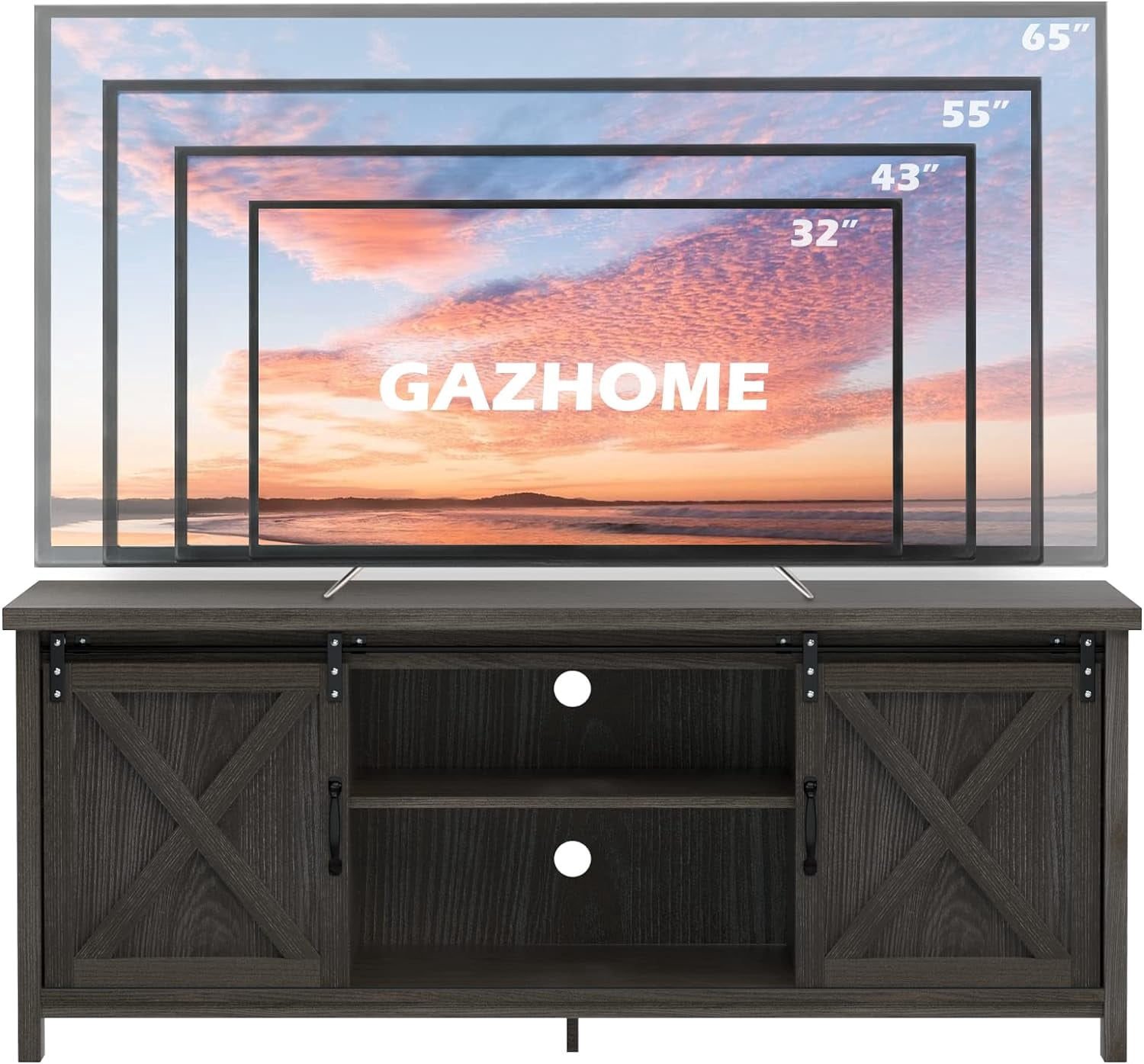 Reliancer Farmhouse TV Stand for TVs up to 65”, with Sliding Barn Doors, Dark Grey