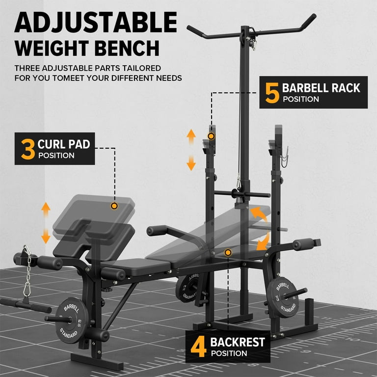 Mikolo Adjustable Weight Bench 800lbs 6 in 1 with Lat Pull Down Leg Extension and Leg Curl Chest Fly and Preacher Curl Workout Bench Multi Function