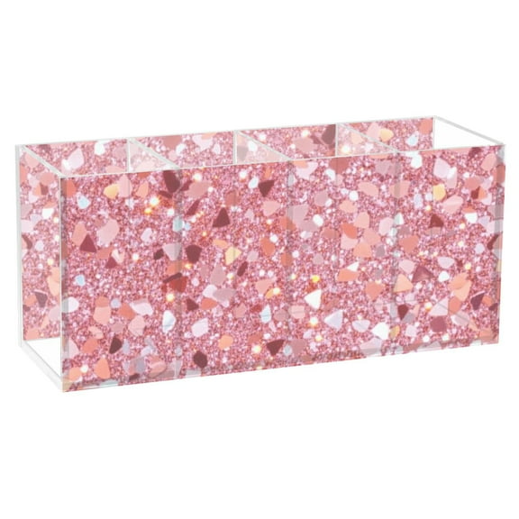 Pink Clastic Gemstone Acrylic Pencil Pen Holder Cup 4 Compartments Desktop Organiser 7.87"x2.78"x3.54"