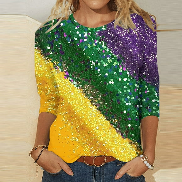 BVOFAR Mardi Gras Shirts for Women Fashion Sequin Print T-Shirts 3/4 Sleeve Crewneck Tops Carnival Themed Party Outfits
