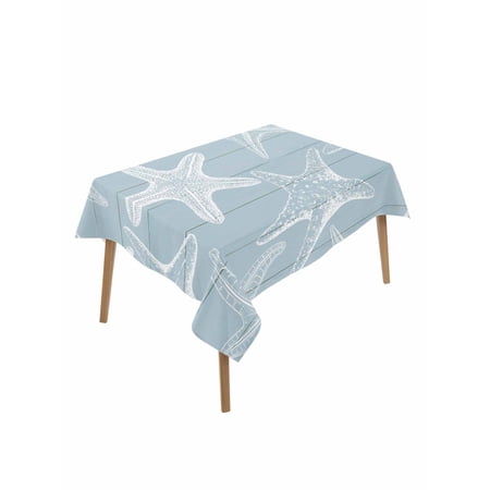 Blue White Starfish Table Cloth, Waterproof Tablecloth for Rectangle Tables, Coastal Ocean Summer Sea Nautical Reusable Washable Fabric Table Cover for Restaurant Kitchen Dining Tables 52"x70"