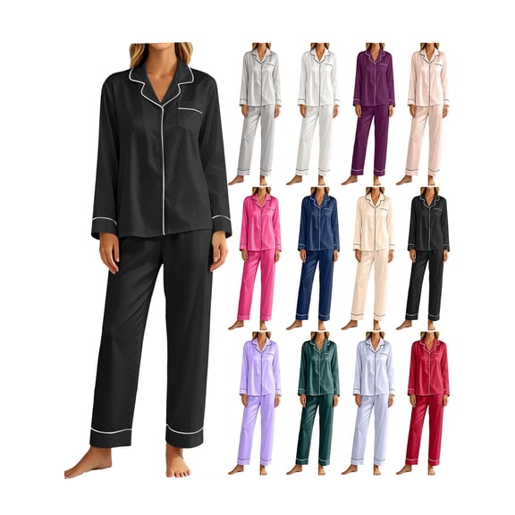Satin Silk Pajamas for Women Button Down Long Sleeve Pjs Set | Classic Silky Pijamas De Mujer, Notch Collar Lounge Sets With Pockets, Fall Winter Black M