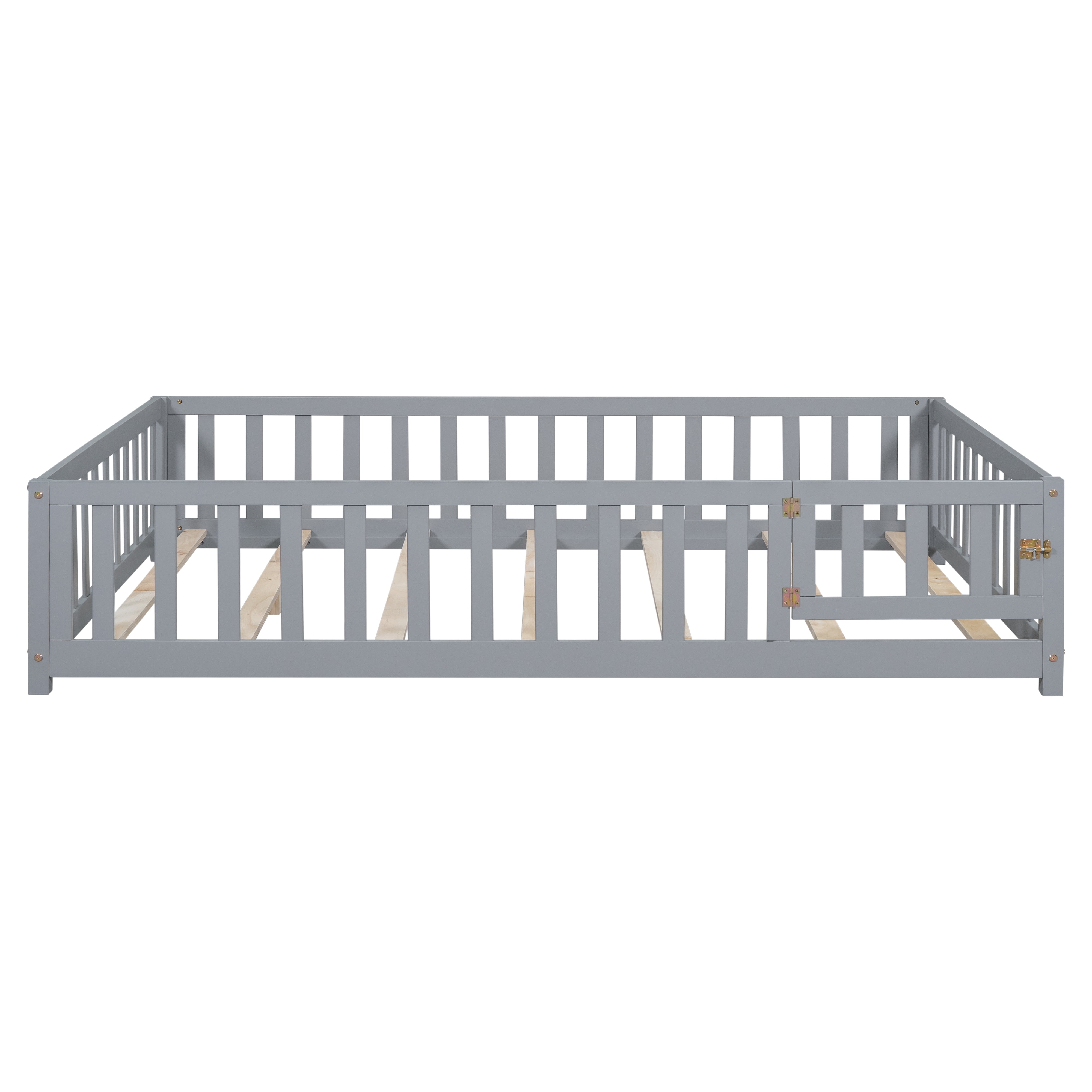 Full Size Floor Platform Bed with Fence and Door for Kids, Montessori Floor Bed Frame with Support Slats for Toddlers, Wooden Floor Bed