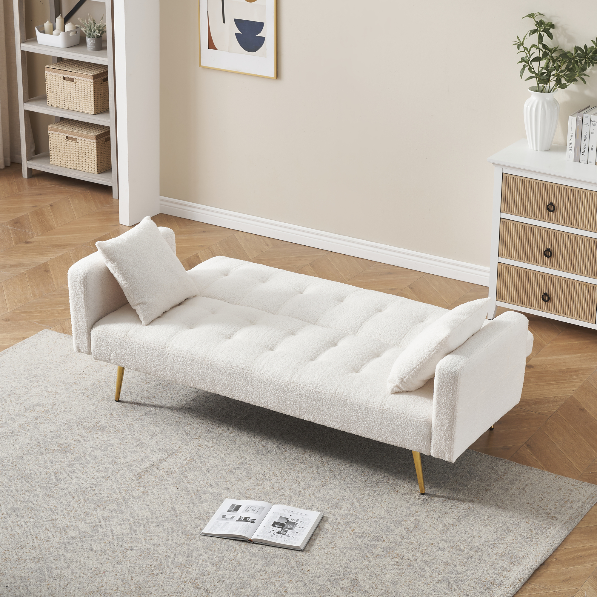 71" W Teddy Convertible Futon Sofa Bed,Modern Upholstered Loveseat Sofa Couch for Living Room,Small Space,Beige