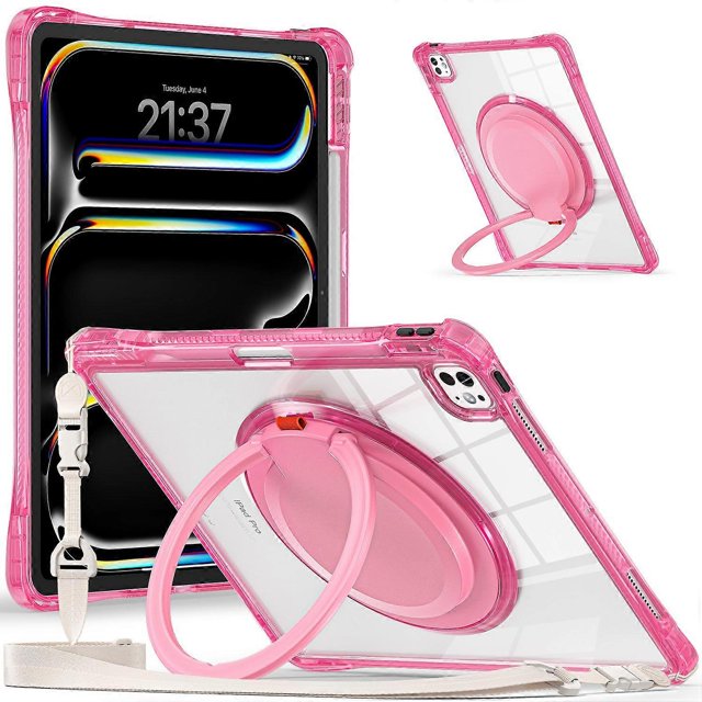 For iPad Pro 13 (2024) Case with Shoulder Strap Kickstand PC TPU Acrylic Tablet Cover - Rose