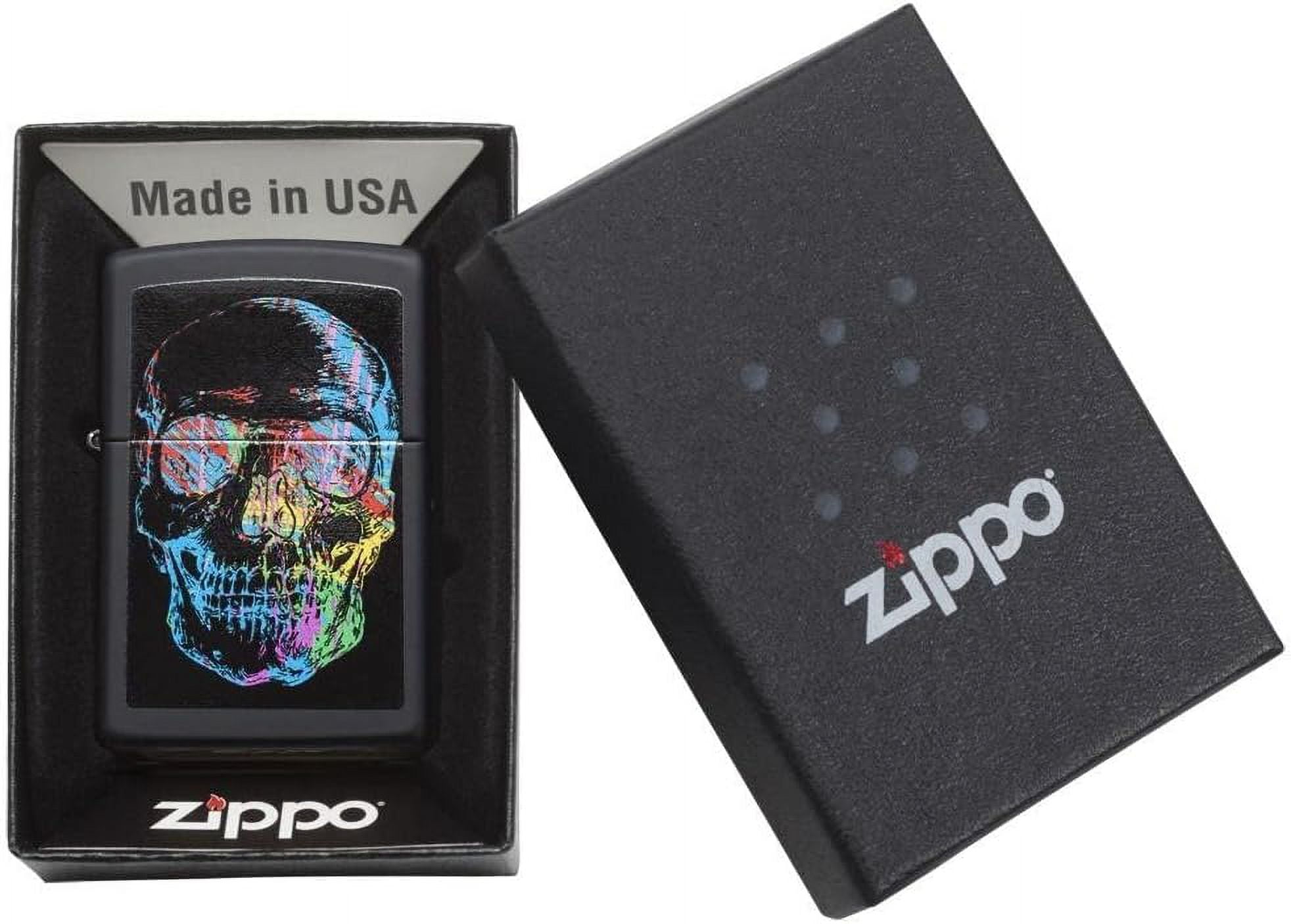 Zippo Lighter - Personalized Message Engraved on Backside Black Matte Colorful Skull #28042