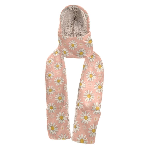 BZSMCE 3‑in‑1 Hooded Scarf with Pockets Soft Plush Lined Winter Hat Scarf Gloves Combo Daisy Pattern Print Warm Neck Wrap for Outdoor Skiing Walking