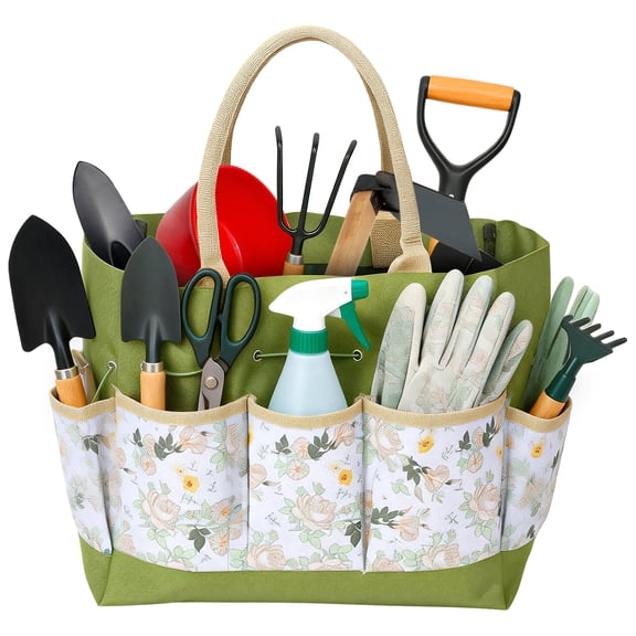 Garden Tool Bag with Flower Pattern Garden Tote with Portable Strap and Multiple Pocket (No Accessory Included) Green for Gardener Electrician Contractor Repairman