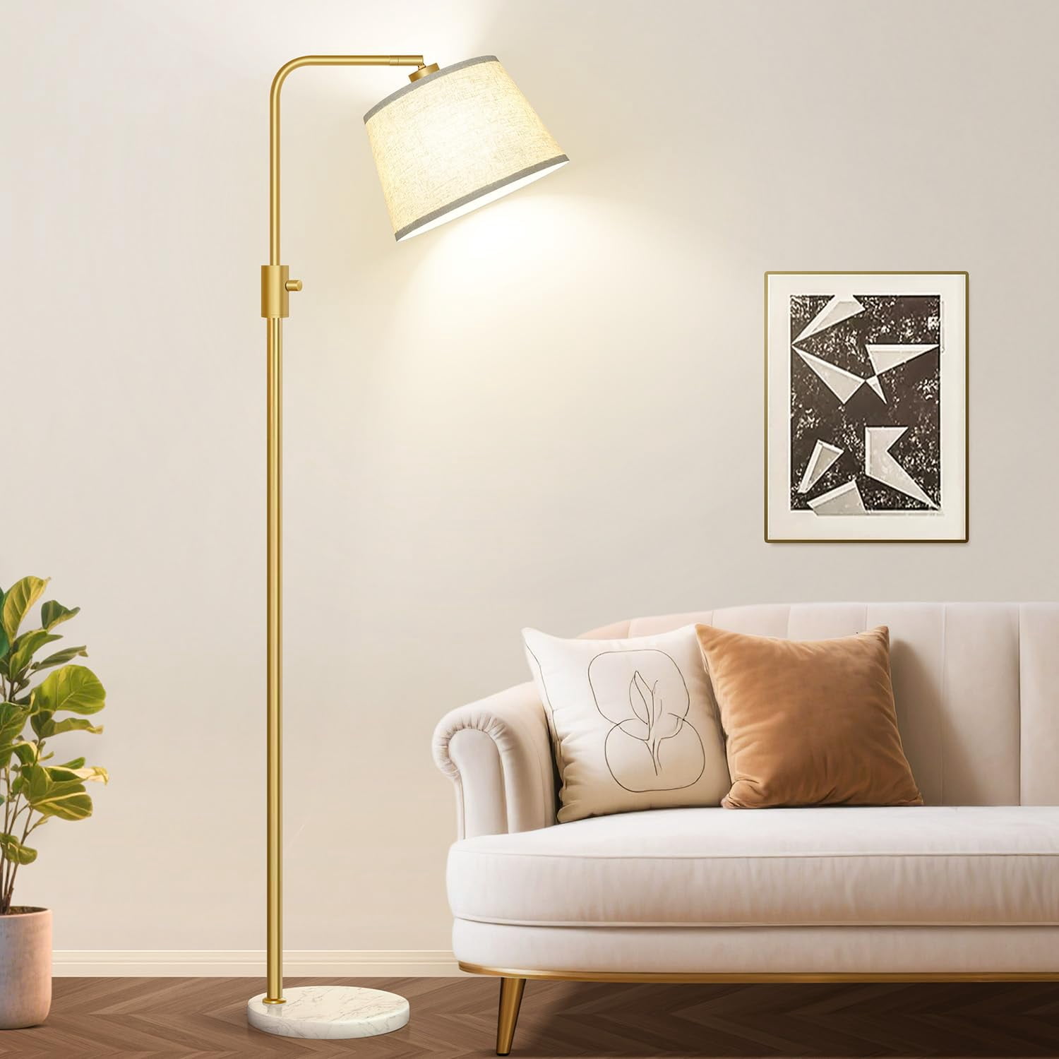 Floor Lamp Gold-White Shade-Marble Base Dimmable Standing Lamp for Living Room and Bedroom