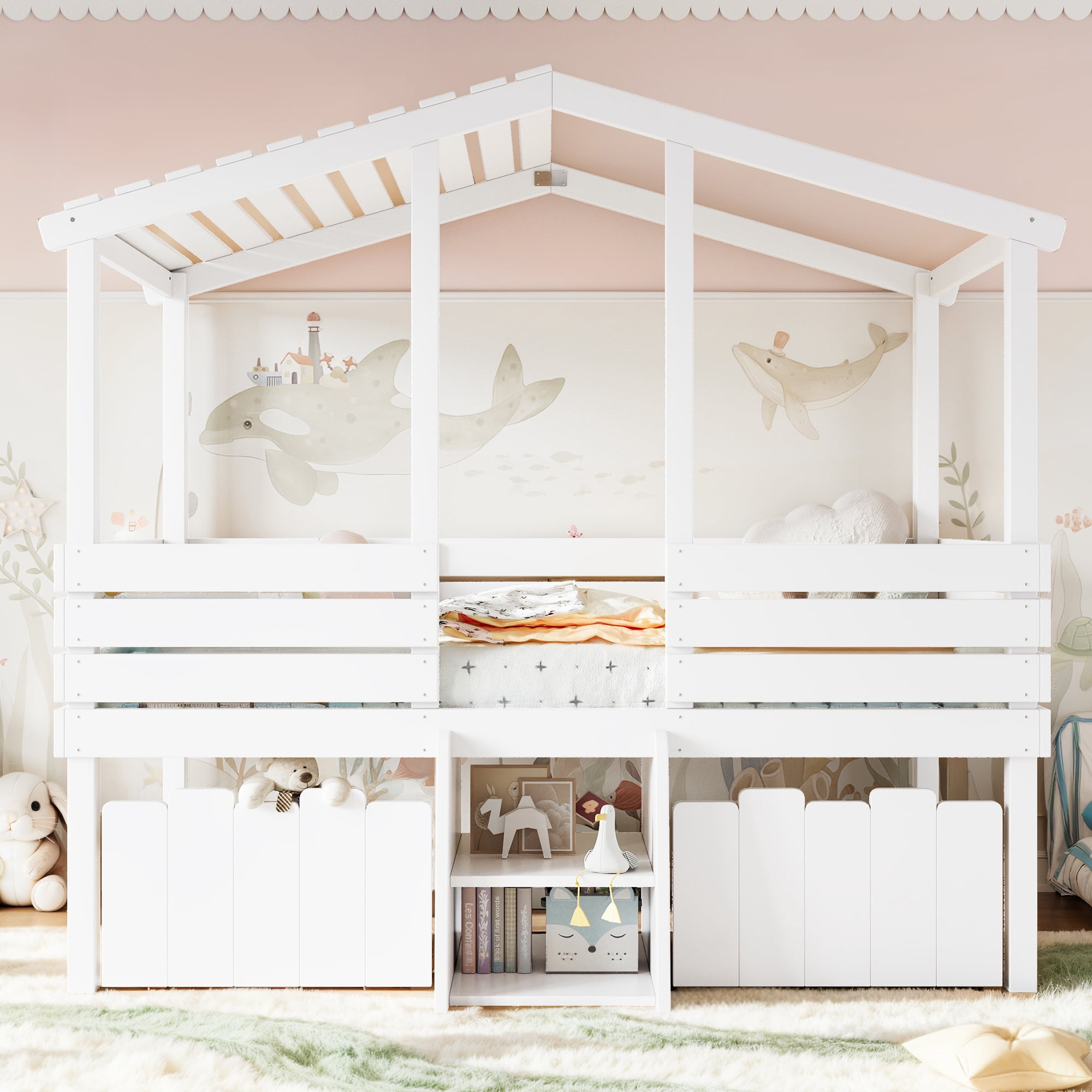 HOQBN House Loft Bed Twin Size,Low Loft Bed with Stairs and 2 Big Storage Drawers,Farmhouse Style Bed Frame with House Shaped Roof,White