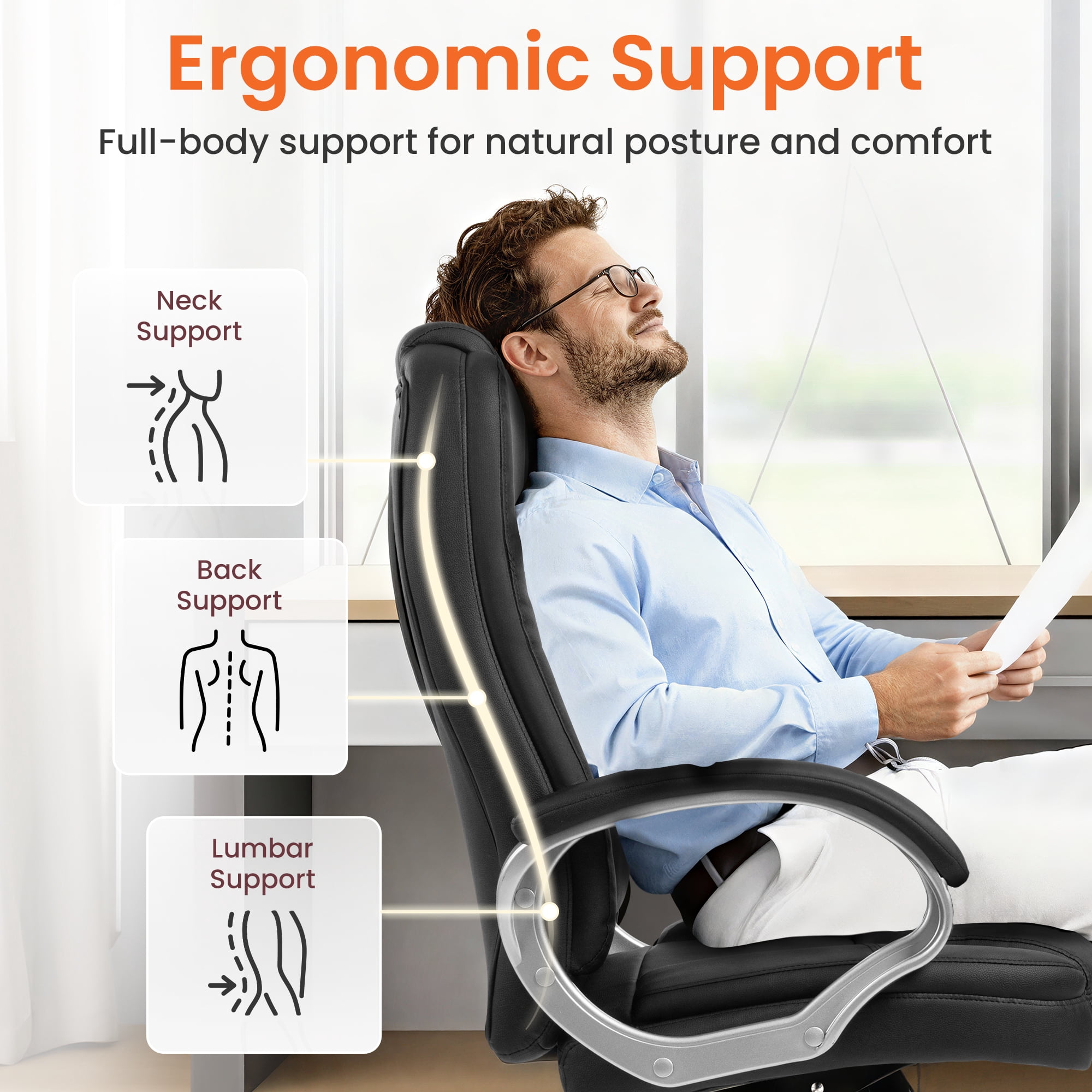 NEO CHAIR Home Office Chair, Heavy Duty Leather Office Chair, Ergonomic High Back Cushion Lumbar Back Support, Computer Desk Executive Chair for Work, 8 Hours Comfort, Jet Black