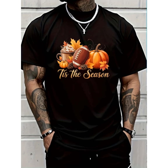 Tis The Season Fall Thanksgiving Pumpkin Spice Football Tee Men's Cotton Crew Neck Graphic Tee Casual Short Sleeve Solid T-Shirt
