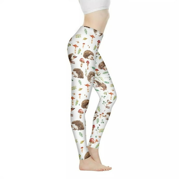 DISNIMO Hedgehog Mushroom Printed High Waisted Workout Leggings for Women, Yoga Pants Leggings Tummy Control Workout Yoga Pants for Sport, White, XS