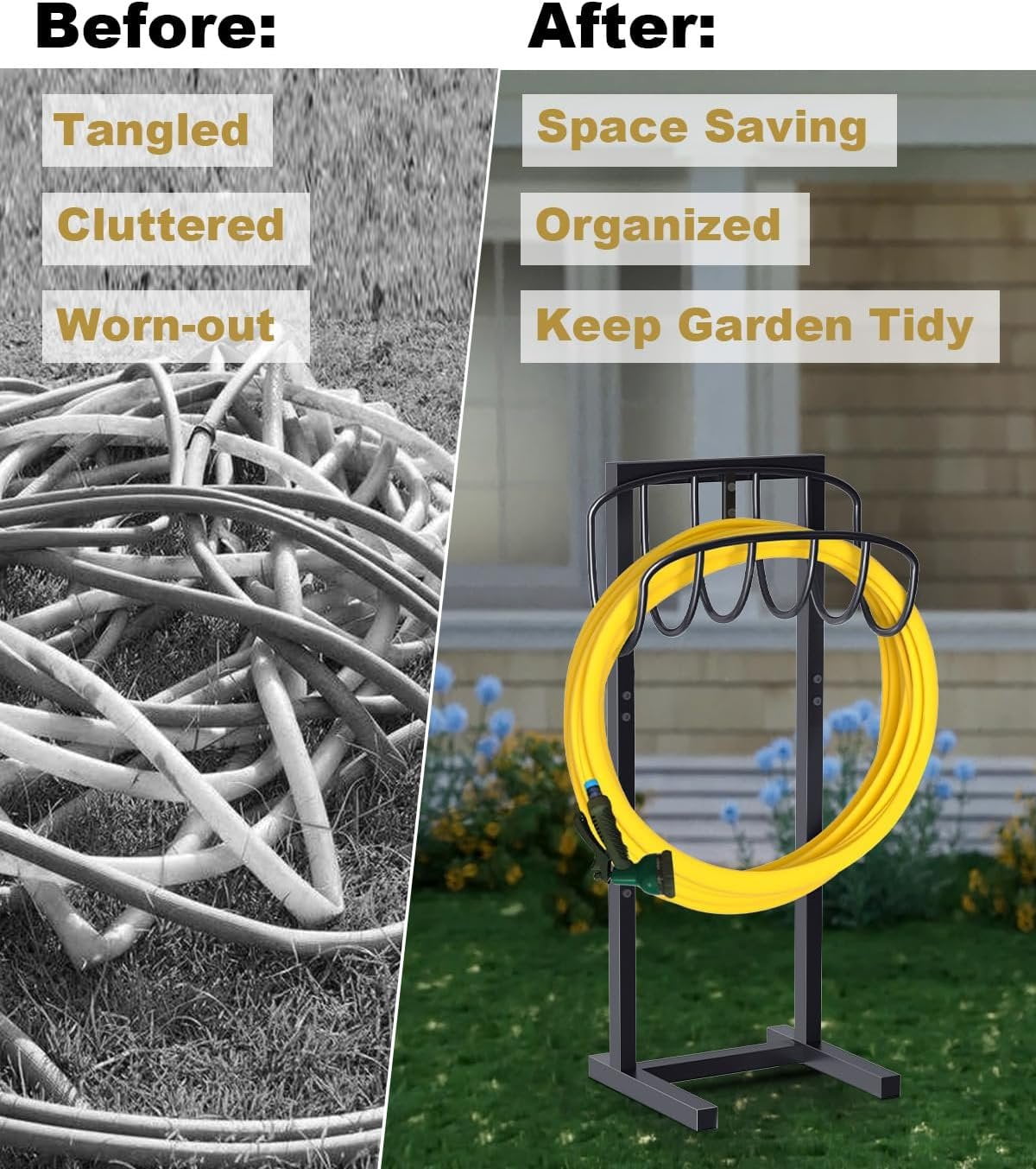 Freestanding Garden Hose Holder with 4 Spikes, Heavy Duty Metal Reel Stand Hanger Rack Organizer, Holds Storage 150ft Hose for Outside Yard Lawn, Black