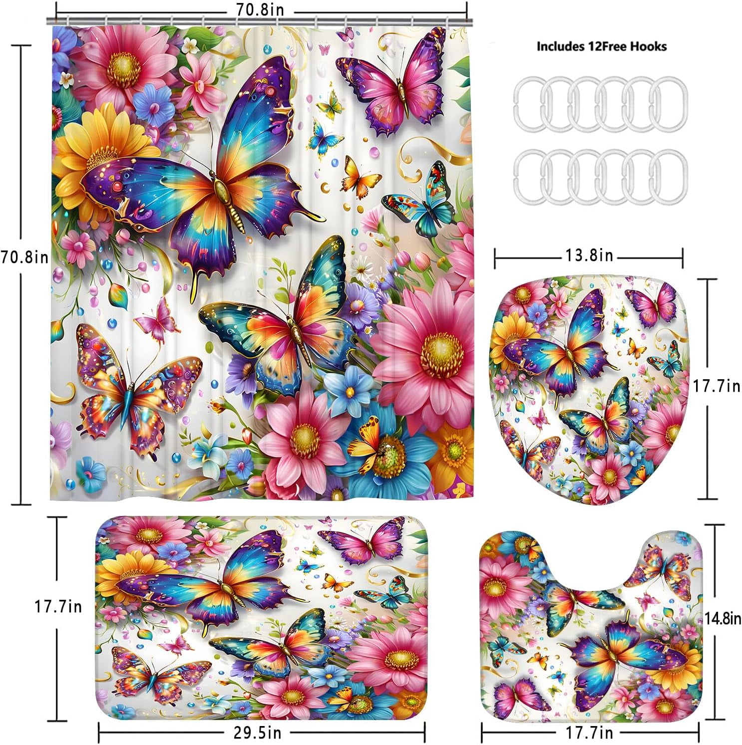 4Pcs Spring Themed Shower Curtain Set with Rugs Vintage Butterflies Bathroom Sets Floral Shower Curtain with 12 Hooks Bathroom Decor with Rugs Bath Accessories with Mats Toilet Lid Cover